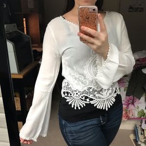 Crochet White Bell Sleeve Crop Top, Size S